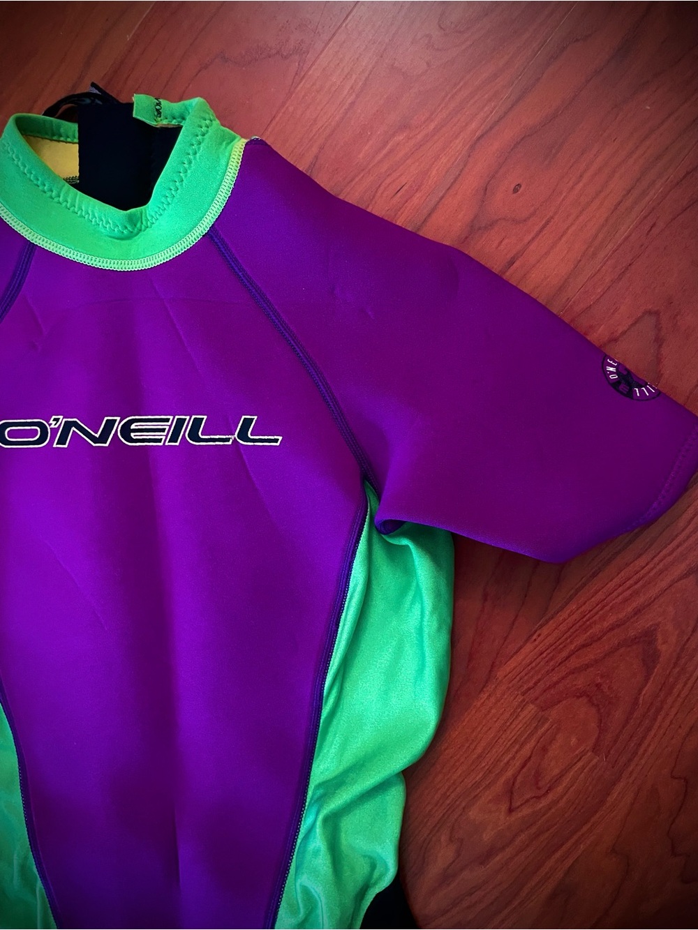 Vintage 90s O'Neill Wetsuit Shorty Springsuit Surf Neon Green Purple Women’s 6 - Picture 8 of 12